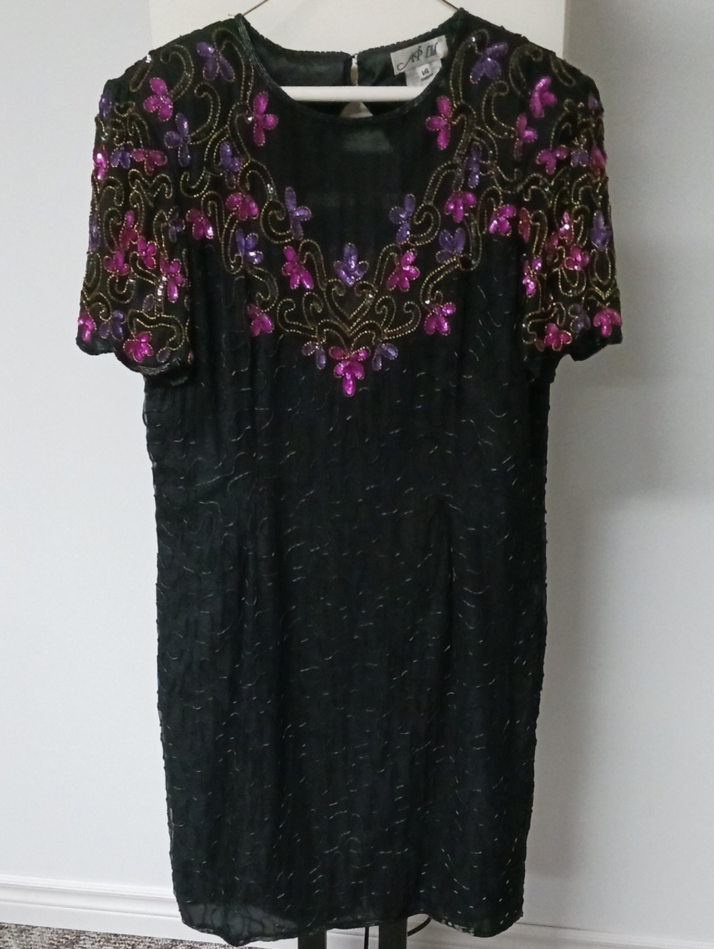 Beaded Black Cocktail Dress with Purple & Fuchsia Floral Embroidery